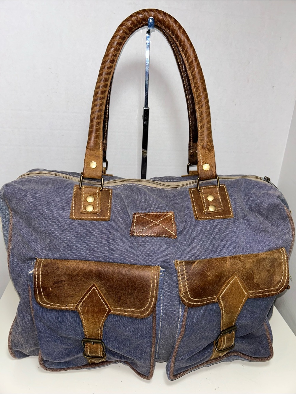 The Barrel Shack Owen Blue Canvas Brown Leather Messenger Bag